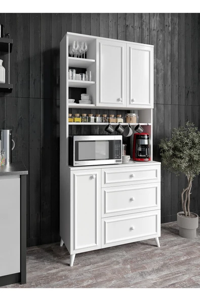 WENCE Stella Country Kahve Köşesi Beyaz-Meşe 90cm, Erzak Dolabı, Kiler Dolabı, Çok Amaçlı Mutfak Dolabı ürün görseli 1
