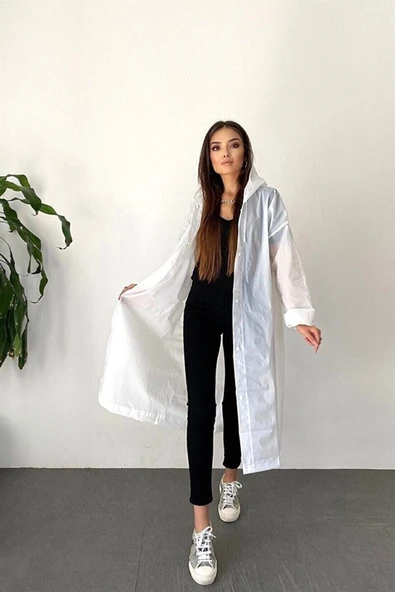 ÖNDER MODA Kadın Erkek Beyaz Kapüşonlu Çıtçıtlı Eva Yağmurluk Rüzgarlık ürün görseli 1