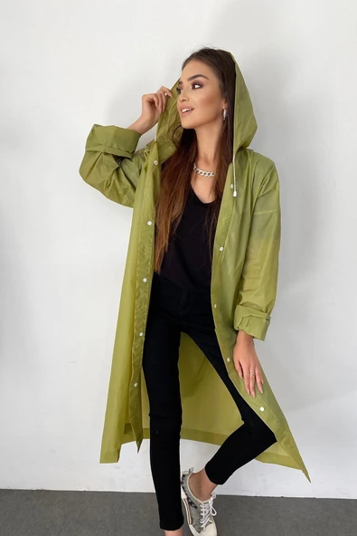 Butik Gardrop Kadın Haki Çıt Çıt Detay Şeffaf Yağmurluk ürün görseli 1