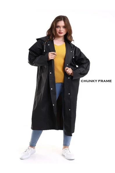 Chunky Frame Kadın Erkek Yağmurluk Şemsiye Kapüşonlu Çıtçıtlı Eva Siyah Yağmurluk ürün görseli 1