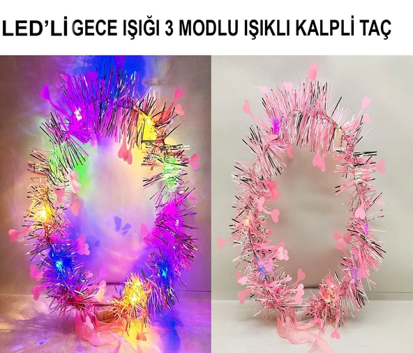 Kalp Püsküllü 3 Modlu LED Işıklı Taç Pembe Renk ürün görseli 1