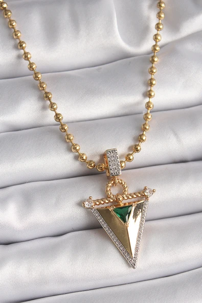 Zirkon Taşlı 3D Üçgen Uclu Topçuk Zincirli Gold Renk Kadın Kolye - BKO9482 ürün görseli 1