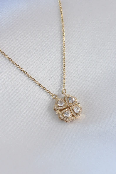 Açılır Yonca Model Zirkon Taşlı Gold Renk Kadın Kolye - BKO7229-ST ürün görseli 1