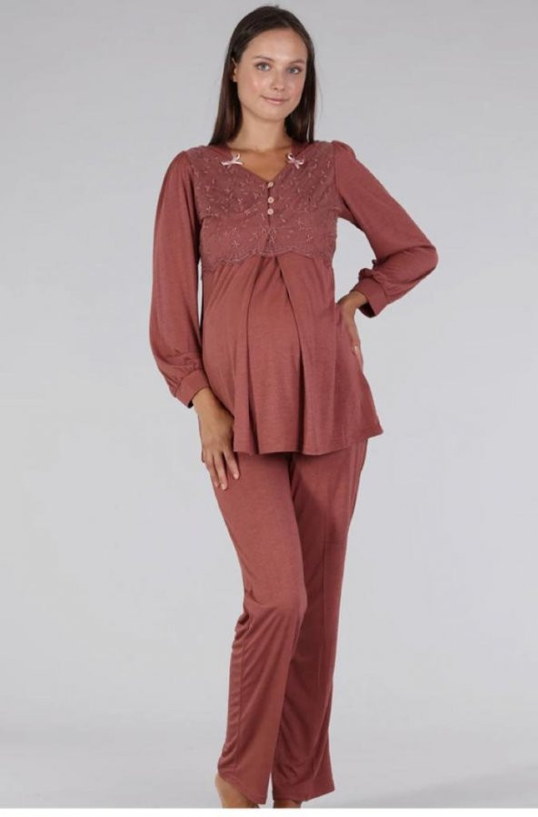 Bone Club 5306 Taba V Yaka Dantelli Lohusa Pijama Tk ürün görseli 1