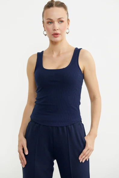 Kalın Askılı Fitilli Basic Atlet - Lacivert - Resim 4