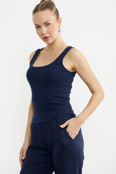 Kalın Askılı Fitilli Basic Atlet - Lacivert - Resim 5