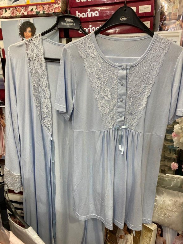 NEHİR 2036  Mavi Hamile Lohusa 3Lü Pijama Sabahlık Takım ürün görseli 1