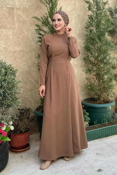 Bel Kuşaklı Kol Fermuar Detaylı Elbise 6041 Taba ürün görseli 1