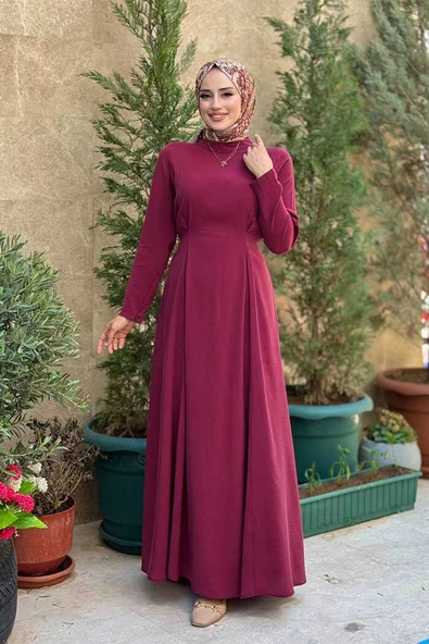 Bel Kuşaklı Kol Fermuar Detaylı Elbise 6041 Bordo ürün görseli 1