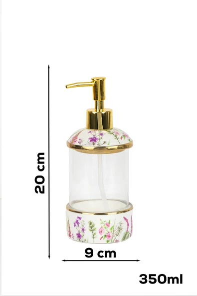 Porsima 3127-1 Gold Kapaklı Porselen Ve Cam Sıvı Sabunluk Çiçek Desenli Ve Şeffaf Tasarım 350 Ml Gold ürün görseli 1