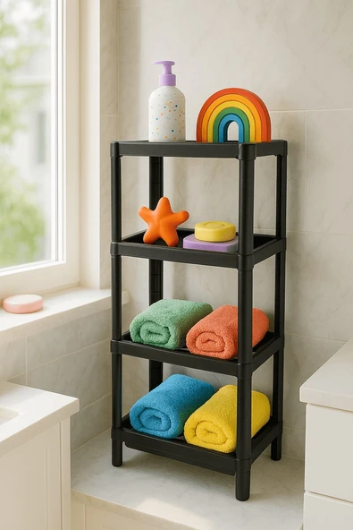 Flex Elite Pro 4 Katlı Mat Siyah Çok Amaçlı Raf Ünitesi – Banyo ve Mutfak Düzenleyici Raf ürün görseli 1
