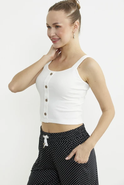 Fitilli Düğme Detaylı Basic Atlet - Ekru - Resim 4