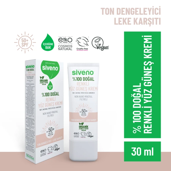 Siveno %100 Doğal Yüz Güneş Kremi Renkli Ton Esitleyici Leke Karsıtı UVA UVB SPF 50+ 30 m ürün görseli 1