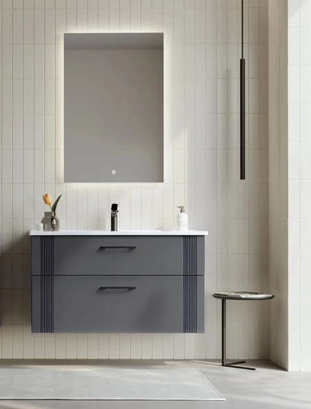 Orka Bari 100 cm Antrasit Banyo Dolabı Takımı (Ledli Ayna) ürün görseli 1