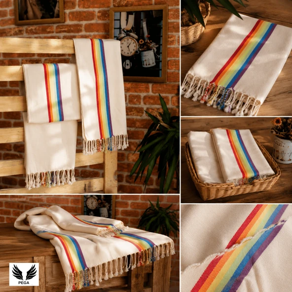 Pega 2'li Set Rainbow Peştamal 90x170 cm&Peşkir 45x90 cm %100 Koton Gökkuşağı Plaj&El/Baş Havlusu ürün görseli 1