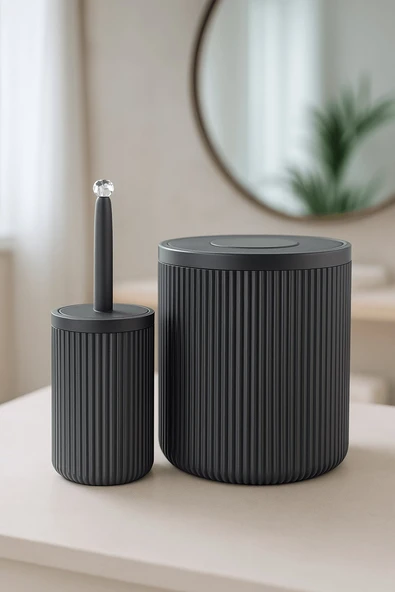 Lines Serisi Gri Banyo Seti, 2 Parça Akrilik Silindir 5 Litre Çöp Kovası ve Tuvalet Fırçası Takımı ürün görseli 1