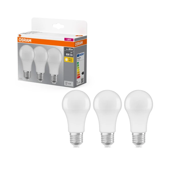Osram Led 8W 2700K 806lm E27 Duy Sarı Işık 3'lü Ampul / 4099854046797 ürün görseli 1