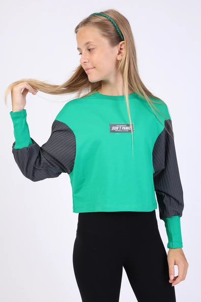 Toontoy Kız Çocuk Relax Fit Bisiklet Yaka Düşük Omuz Baskılı Crop Sweatshirt - Renk Bloklu & 2 İplik ürün görseli 1