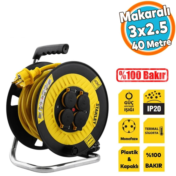 Kapaklı Plastik Makaralı Seyyar %100 Bakır Kablo 4 Prizli 40 Metre Uzatma Kablosu 3x2.5 mm H05VV-F ürün görseli 1
