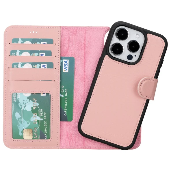 Apple iPhone 15 Pro Uyumlu Deri Cüzdanlı Kılıf MWWN NU2 Pembe ürün görseli 1