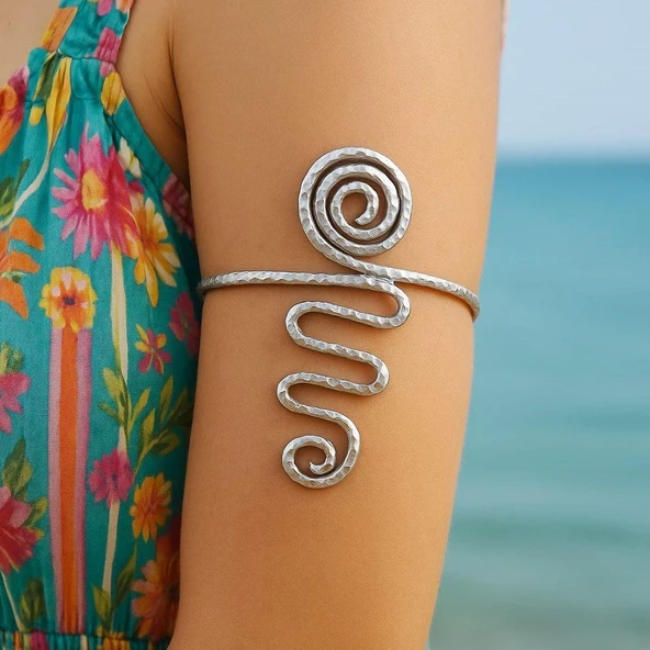 Spiral Şekilli Kol Bilekliği Pazılık Gümüş Kaplama El Yapımı Ayarlanabilir Kol Bilekliği Pazılık ürün görseli 1
