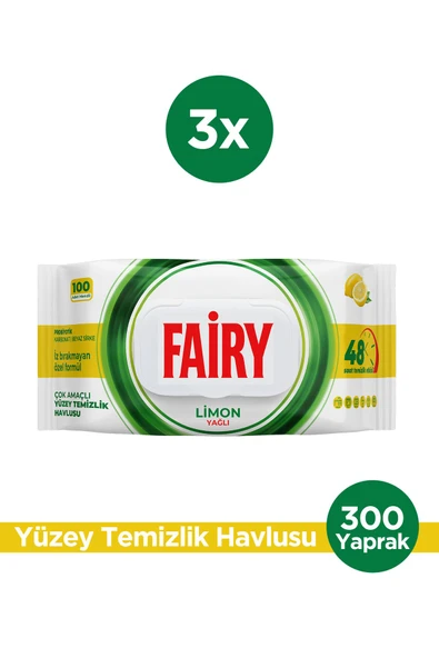 Fairy Çok Amaçlı Yüzey Temizlik Havlusu 100 Yaprak 3 Adet | Limon Yağlı | Beyaz Sirke & Karbonat ürün görseli 1