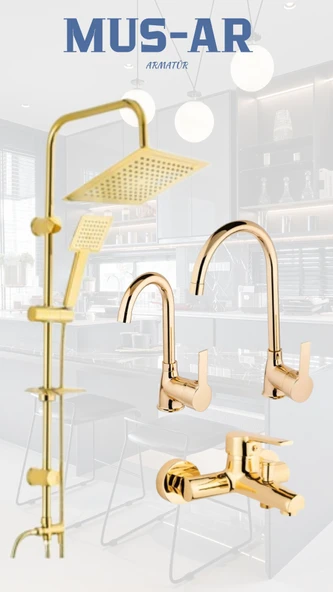 Gold Altın Kare Robot Duş Seti, Banyo, Mutfak Eviye Ve Lavabo Bataryası Musluğu 4'lü Set ürün görseli 1