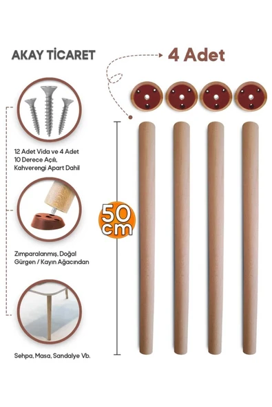 AKAY TİCARET Sehpa Ayağı Ahşap Konik Ayak 4 Adet 50 Cm ürün görseli 1