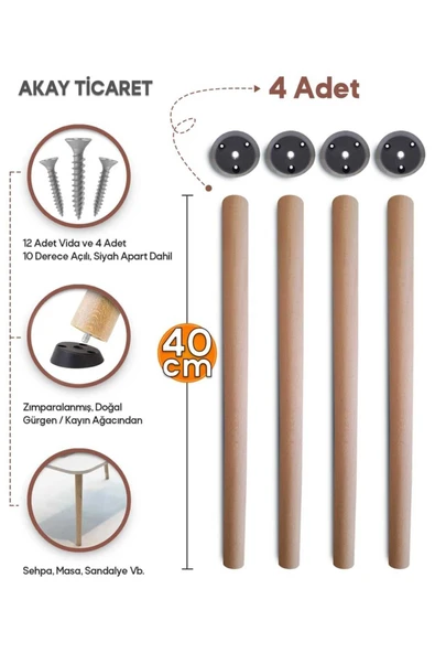 AKAY TİCARET Sehpa Ayağı Ahşap Konik Ayak 40 Cm Siyah Aparat ürün görseli 1