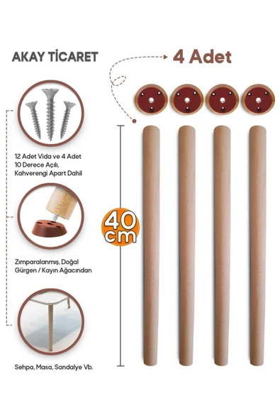 AKAY TİCARET Sehpa Ayağı Ahşap Konik Ayak 4 Adet 40 Cm ürün görseli 1