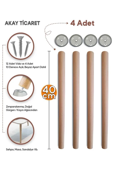 AKAY TİCARET Sehpa Ayağı Ahşap Konik Ayak 4 Adet 40 Cm Beyaz Aparat ürün görseli 1