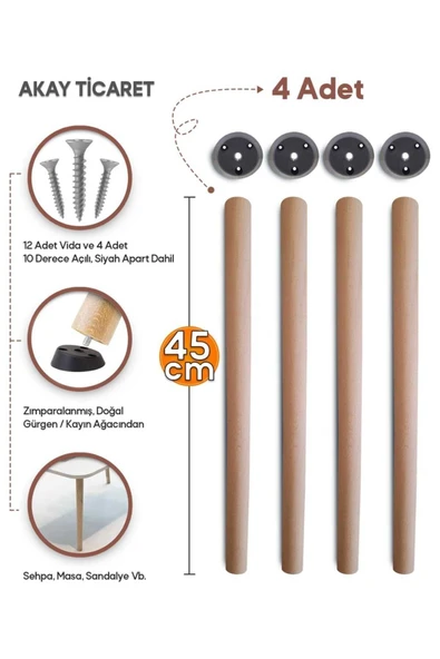 AKAY TİCARET Sehpa Ayağı Ahşap Konik Ayak 45 Cm Siyah Aparat ürün görseli 1
