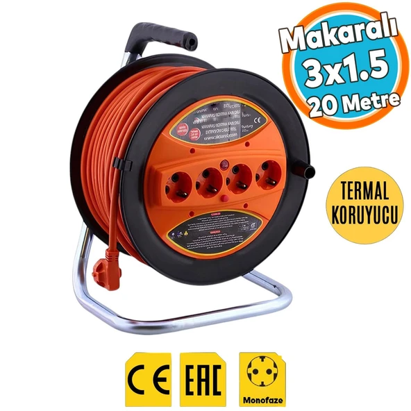Seyyar Makaralı Uzatma Kablosu CCA 3x1.5 mm 20 Metre Termal Sigortalı Plastik  4 Prizli Monofaze ürün görseli 1