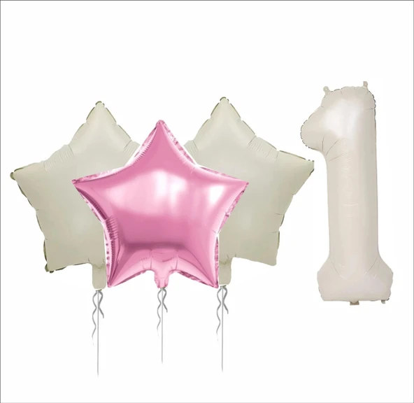 1 YAŞ BEJ RENK FOLYO BALON, 1 ADET PEMBE, 2 ADET BEJ YILDIZ FOLYO BALON ürün görseli 1