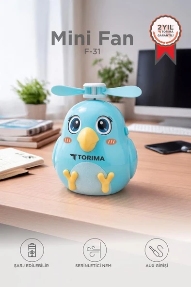 Şarjlı El Vantilatörü Sevimli Kuş Figürlü Mini Taşınabilir Fan F31 Mavi ürün görseli 1