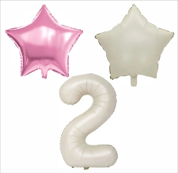 2 YAŞ BEJ RENK FOLYO BALON, 1 ADET PEMBE, 1 ADET BEJ YILDIZ FOLYO BALON ürün görseli 1