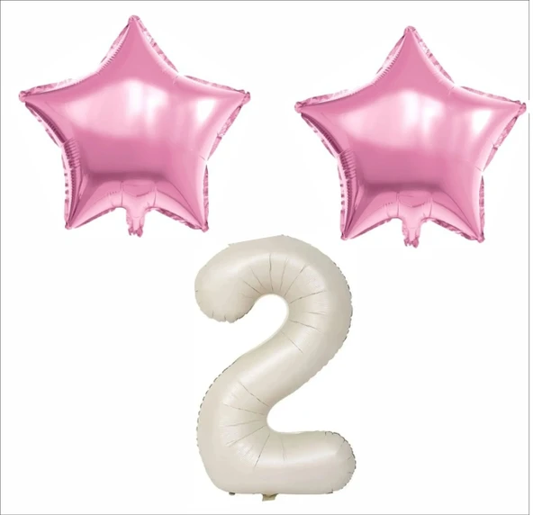2 YAŞ BEJ RENK FOLYO BALON, 2 ADET PEMBE YILDIZ FOLYO BALON ürün görseli 1