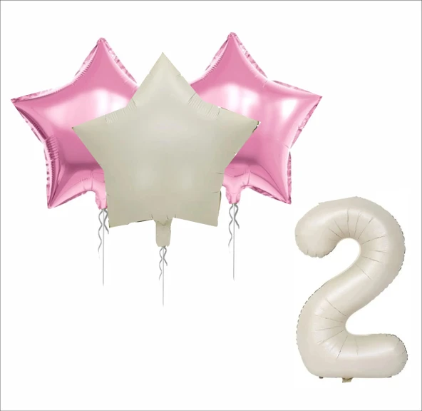 2 YAŞ BEJ RENK FOLYO BALON, 2 ADET PEMBE, 1 ADET BEJ YILDIZ FOLYO BALON ürün görseli 1