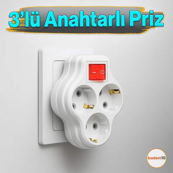 3'lü Beyaz Grup Priz Golyat Düğmeli Fiş Kablosuz Açma Kapamalı Anahtarlı Topraklı Çoklu Çoğaltıcı ürün görseli 1