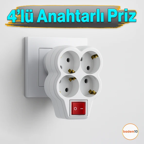 4'lü Beyaz Grup Priz Golyat Düğmeli Fiş Kablosuz Açma Kapamalı Anahtarlı Topraklı Çoklu Çoğaltıcı ürün görseli 1