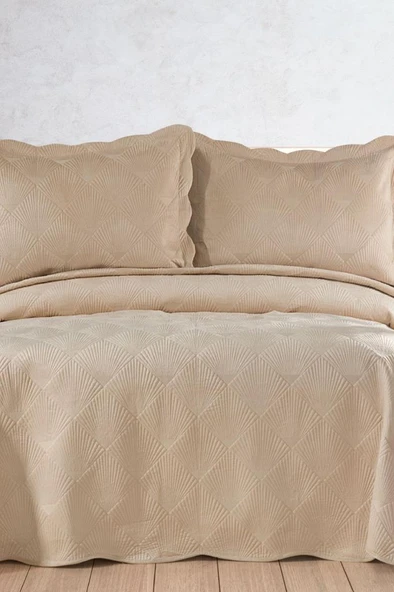 Arzen Nakışlı Kadife Çift Kişilik Yatak Örtüsü 250x260 Bej ürün görseli 1