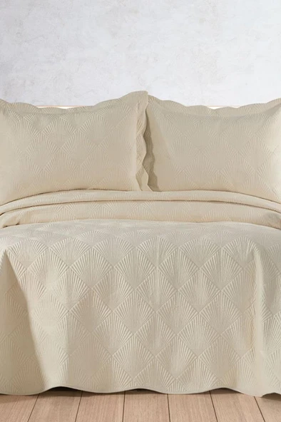 Arzen Nakışlı Kadife Çift Kişilik Yatak Örtüsü 250x260 Ekru ürün görseli 1