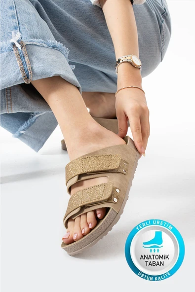 Albishoes Esnek Ayarlanabilir İki Cırtlı Anatomik Comfort Cool Rahat Kadın Günlük Sandalet Terlik ürün görseli 1