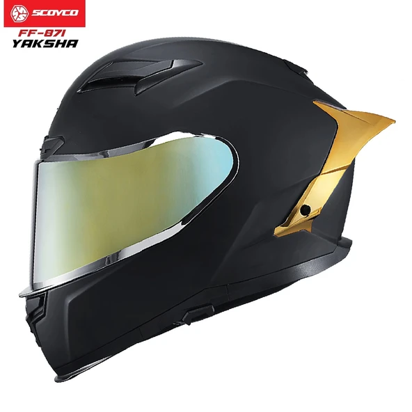 SCOYCO FF-871 YAKSHA MAT SİYAH-GOLD GÜNEŞ VİZÖRLÜ KAPALI KASK (GOLD CAMLI) ürün görseli 1