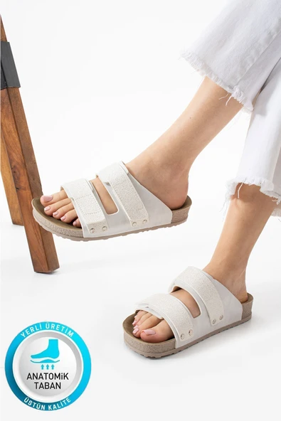 Albishoes Esnek Ayarlanabilir İki Cırtlı Anatomik Comfort Cool Rahat Kadın Günlük Sandalet Terlik ürün görseli 1