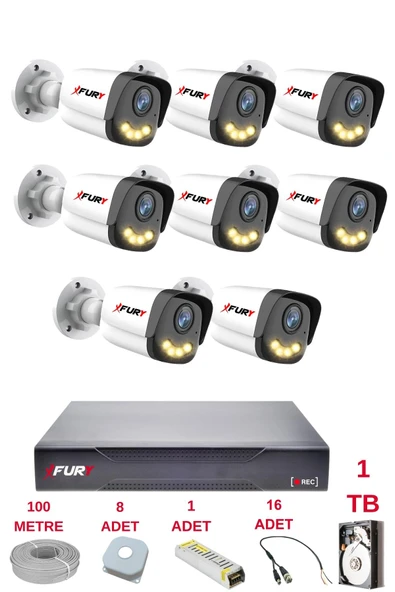 FURY 8 Kameralı 4 Warm Led Gece Renkli Görüş-Cepten İzle-Su Geçirmez Güvenlik Kamerası Seti 1TB ürün görseli 1
