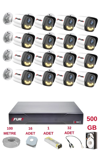 FURY 16 Kameralı 4 Warm Led Gece Renkli Görüş-Cepten İzle-Su Geçirmez Güvenlik Kamerası Seti 500GB ürün görseli 1