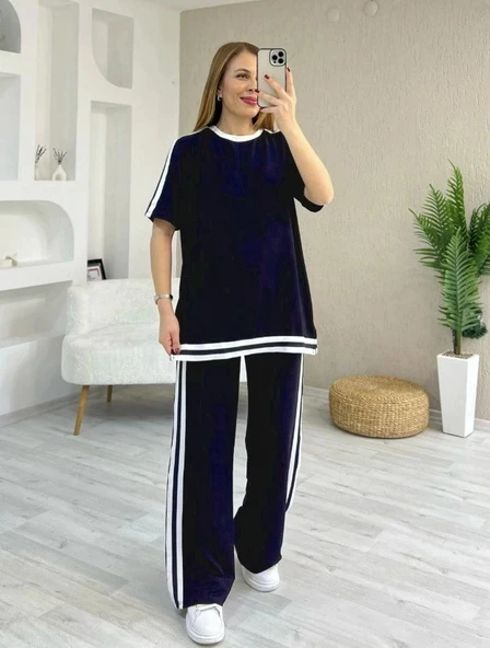 Kadın Kısa Kollu Bisiklet Yaka çift Renk şerit Detaylı Viskon Iki Iplik Bluz Ve Pantolon Ikili Takım ürün görseli 1