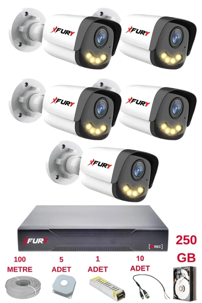 FURY 5 Kameralı 4 Warm Led Gece Renkli Görüş-Cepten İzle-Su Geçirmez Güvenlik Kamerası Seti 250GB ürün görseli 1