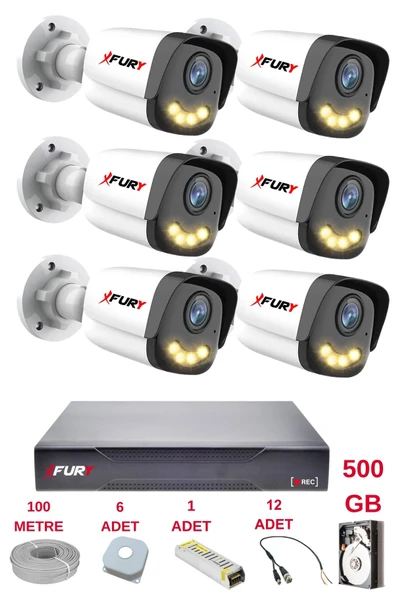 FURY 6 Kameralı 4 Warm Led Gece Renkli Görüş-Cepten İzle-Su Geçirmez Güvenlik Kamerası Seti 500GB ürün görseli 1